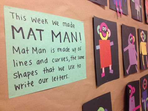 Mat Man art with construction paper pieces. Nice bulletin board description Mat Man Preschool, Mat Man Activities, Writing Without Tears, Preschool Handwriting, Drawing Man, Mat Man, Handwriting Without Tears, Prek Classroom, Transitional Kindergarten