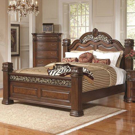 Bed Inspo, Wooden King Size Bed, Queen Sized Bedroom Sets, Brown Furniture Bedroom, King Size Bedroom Sets, Carved Beds, Wooden Bedroom Furniture, Wood Bed Design, Wooden Bed Design