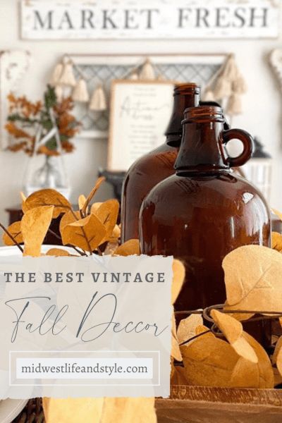 Inspiration For The Fall: Comfy-Cozy Vibes And Rich Vibrant Colors - Midwest Life and Style Blog Fall Decorating With Amber Bottles, Farmhouse Fall Decor 2023, Fall Decorating With Antiques, Neutral Color Fall Decor, Amber Fall Decor, Industrial Fall Decorations, 2023 Fall Decor Ideas, Vintage Fall Vignettes, Fall Decor 2023 Diy