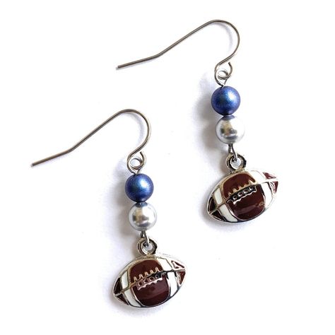 Blue And Silver Football Team Spirit Dangle Earrings For Women Girls High Quality, Non Tarnish Brown Enamel Footballs With Silver Backs Blue And Silver Crystal Pearls Stainless Steel French Wires Total Drop Length Is 1 1/2" Perfect Gift For Football Lovers (Or Perfect To Keep For Yourself!) Gift Boxed Handmade In My Naples Fl Studio Crystal * Gray * Dallas Cowboys Dallas Cowboy Earrings, Soccer Earrings, Football Jewelry, Football Earrings, Triple Hoop Earrings, Fan Jewelry, Fl Studio, Jewelry Cleaning, Girls Sports