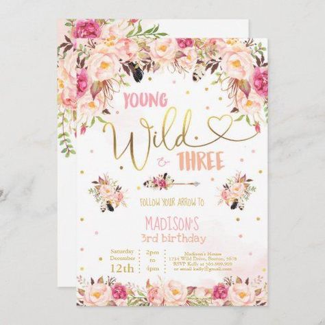 Four Ever Wild Birthday, Four Ever Wild, Young Wild And Three Birthday, 3rd Birthday Party For Girls, Two Wild Birthday, Third Birthday Girl, Third Birthday Invitations, Young Wild And Three, 1st Birthday Girl Decorations