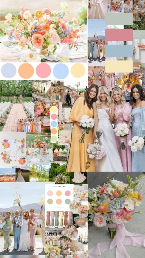 Rainbow Bridesmaid Dresses, Rainbow Bridesmaids, Pastel Wedding Theme, Spring Garden Wedding, Wedding Themes Summer, Wedding Theme Inspiration, Mismatched Bridesmaid Dresses, Rainbow Wedding, Wedding Venue Decorations