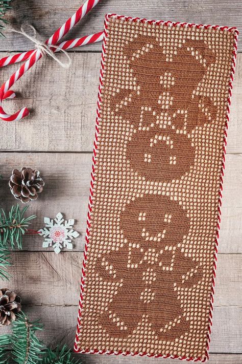 Gingerbread Man Table Runner - HandmadebyRaine Crochet Gingerbread Man, Crochet Gingerbread, Crochet Table Mat, The Gingerbread Man, Crochet Placemats, Crochet Table Runner Pattern, Filet Crochet Charts, Crochet Santa, Crochet Xmas