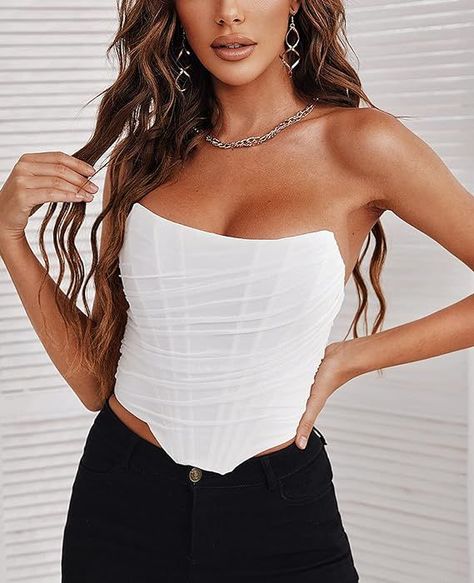 Corset Amazon, Corset Aesthetic, Open Back Crop Top, Top Clothes, Shop Aesthetic, Strapless Crop Top, Outfit Shop, White Corset, Overbust Corset