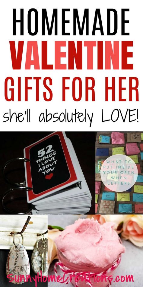 These are the best homemade Valentine's Day gifts for her. They are the perfect ideas for your girlfriend or wife. You'll find all sorts of ideas from romantic and thoughtful to unique and meaningful. Homemade Gifts For Girlfriend, Romantic Diy Gifts, Homemade Valentines Gift, Romantic Gifts For Boyfriend, Romantic Gifts For Girlfriend, Diy Gifts For Girlfriend, Galentines Gifts, Valentine Gift For Wife, Diy Valentine's Day