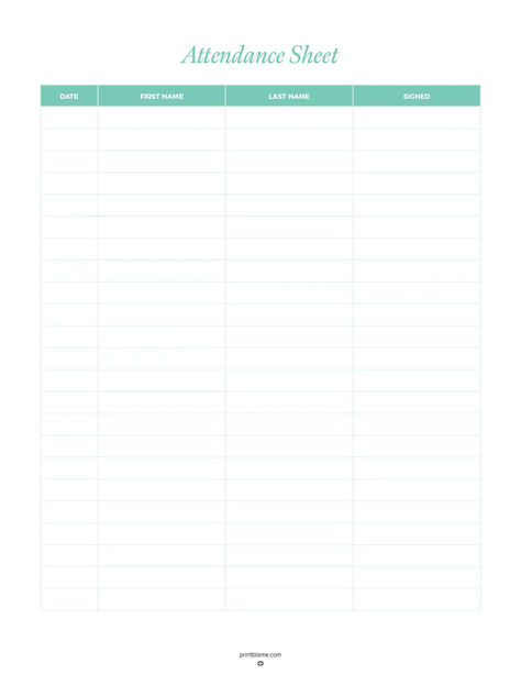 Printable class attendance sheet with columns for date, first name, last name, and signature, used to track student or participant attendance. Attendance Sheet Template Free Printable, Class Attendance Sheet, Attendance Sheets, Attendance List, Attendance Sheet, Student Attendance, Event Organizer, English Grammar Worksheets, Grade Book