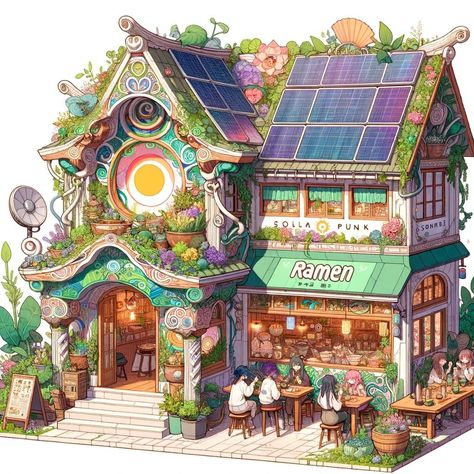 Art Nouveau Buildings, Plant Shop Minecraft, Fantasy Solarpunk, Solarpunk Town, Solarpunk Concept Art, Solarpunk Building, Solarpunk Village, Fantasy Shop Concept Art, Solar Punk Architecture