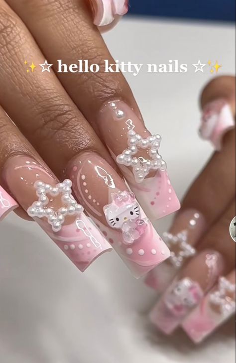 Pink Nails Sanrio, Short Pink Acrylic Nails Hello Kitty, Sanrio Nails With Charms, Hello Kitty Aesthetic Nails, Nail Ideas Sanrio, Hello Kitty Valentines Day Nails, Pink Sanrio Nails, Sanrio Nail Ideas, My Melody Nails Short