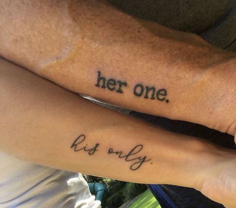 her-one-his-only-matching-tattoos-wrist-tattoos His One Her Only Tattoo Couple Tat, Spouse Tattoos Marriage, Tattoo Relationship, Couples Tats, Tattoo Partner, Couple Tats, Partner Tattoo, Couple Tattoos Unique Meaningful, Side Arm Tattoos