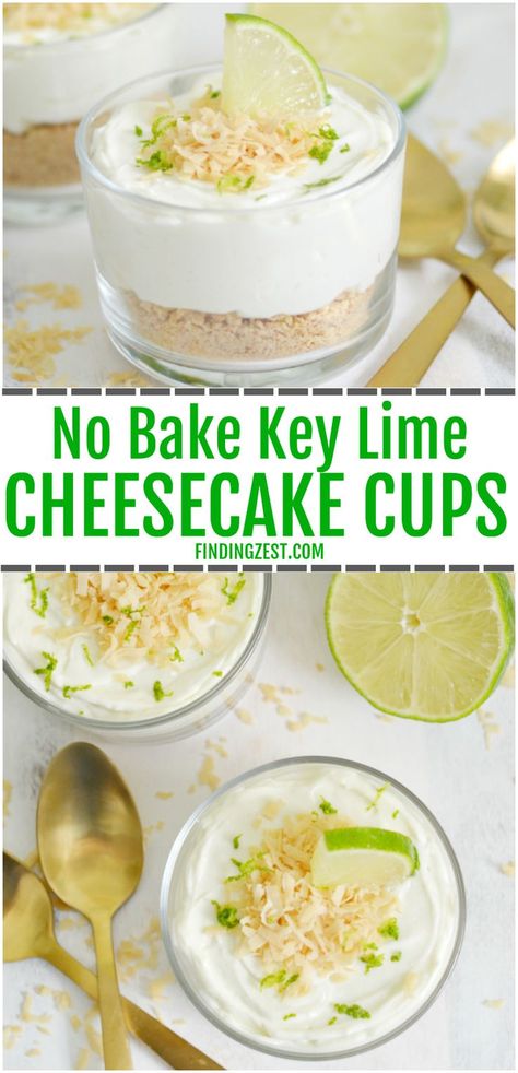 Make dessert in just 15 minutes with these no-bake key lime cheesecake cups! These parfaits can be whipped up in no time using Dannon Oikos Greek yogurt and cream cheese. Topped with toasted coconut, this dessert is sure dazzle your taste buds! (sponsored) @oikos #greekyogurt #yogurt #nobake #keylime #NotJustAHint  #OikosAtWalmart #coconut #creamcheese #cheesecake Key Lime Parfait, No Bake Key Lime Cheesecake, Key Lime Yogurt, Oikos Greek Yogurt, No Bake Key Lime, Deserts Recipes, Key Lime Desserts, Lime Desserts, Cheesecake Parfaits