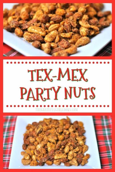 Tex Mex party nuts are slightly sweet and slightly spicy! These Southwest flavor-inspired roasted mixed nuts will be a big hit at your next party! / The Grateful Girl Cooks! Spicy Roasted Nuts Recipe, Snack Nuts Recipes, Snacks For Cookout, Spiced Peanuts Recipes, Flavored Peanuts Recipes, Seasoned Peanuts Recipes, Spicy Trail Mix Recipes, Roasted Nuts Recipe Savory, Peanut Recipes Snacks