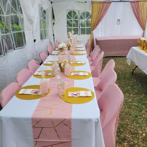 Tent Engagement Party, Gold Table Cover, Backyard Engagement Party, Tablecloth Dress, Backyard Engagement, Backyard Engagement Parties, Event Decor Ideas, Party Decorations Table, Candy Bag Favors