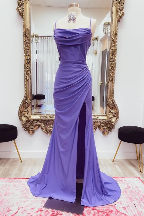 Prom Dresses Royal Purple, Purple Prom Dress Slim Fit, Purple Formal Gown, Prom Dresses On Mannequins, Silk Dress Purple, Purple Homecoming Dress Long, Purple Dress Birthday Outfit, Sunset Color Dress, Purple Prom Dress Aesthetic