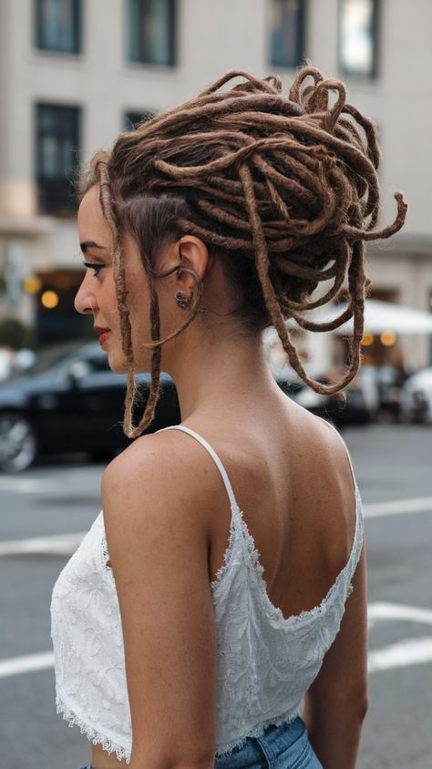 A messy updo with dreadlocks is a perfect blend of elegance and edginess. The voluminous locs create a stunning textured bun, adding depth and personality to the hairstyle. Ideal for both casual and formal events, this look allows for creativity in styling while maintaining a chic, put-together appearance. Paired with delicate accessories and a stylish outfit, this dreadlock updo offers a modern yet classic touch. Bridal Hairstyles Front View, Styling Dreadlocks, Dreadlock Updo, Hairstyles For Long Hair Bride, Dreadlock Wedding, Hairstyles Front View, Long Hair Bride, Dreadlocks Updo, Textured Bun