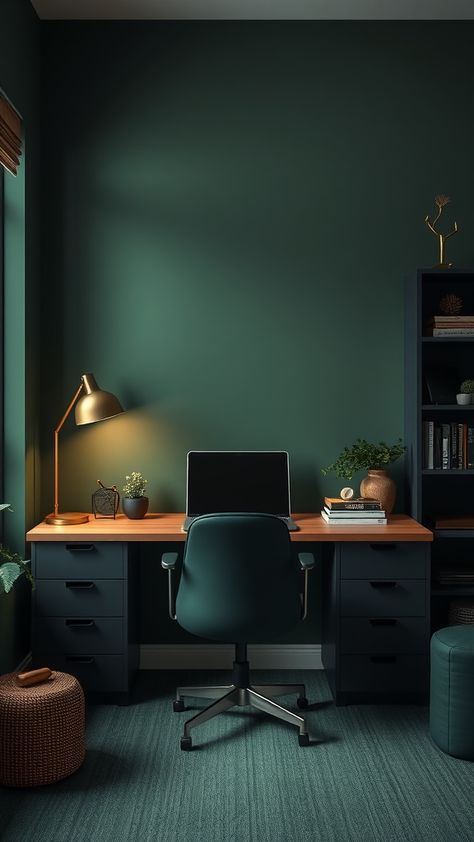 Create a serene forest green reading room with cozy chairs, green walls, and warm lighting for a relaxing and productive atmosphere. Forest Green Accent Wall Office, Minimalistic Study Room, Dark Green Study Room, Green Reading Room, Home Therapy Room, Dark Green Home Office, Forest Green Office, Green Office Walls, Dark Green Home