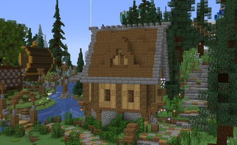 A simple Minecraft starter house with a stone foundation, stripped oak walls and a steep spruce roof with a dorma and stone framing. Oak beams and makeshift fence windows with plant boxes decorate the walls. Next to the house is a rustic pth that leads up a hill into a custom spruce forest, or into a back garden. Minecraft Roof, Stone Foundation, Minecraft Starter House, Spruce Forest, Minecraft Steampunk, Oak Beams, Starter House, Plant Box, Roof Window