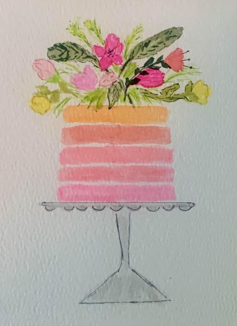 Whimsical Watercolor Birthday Cards, Watercolor Cake Painting Easy, Watercolor Cake Painting, Watercolour Cake Painting, Watercolor 40th Birthday Card, Birthday Cake Watercolor Card, Happy Birthday Painting, Watercolor Wedding Cake, Diy Watercolor Cards