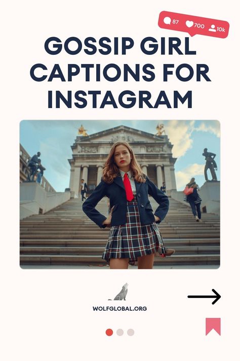 Promotional poster for "Gossip Girl Captions for Instagram" with a confident girl on steps.
Checklist with dramatic and glamorous phrases, "GET 100+ MORE" button, and wolfglobal.org attribution.
A woman on a laptop surrounded by social media icons, with text promoting an Instagram engagement pod. Blair Waldorf Captions, Gossip Captions, Gossip Girl Captions Instagram, Gossip Girl Captions, Blair Waldorf Instagram, Photogenic Poses, Gossip Girl Series, Gossip Girl Quotes, Beach Captions