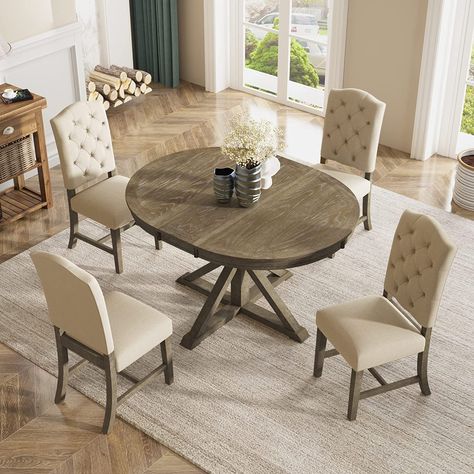 P PURLOVE Retro Style 5-Piece Round Dining Table Set for 4,Round Extendable Table with 4 Upholstered Chairs for 4,Dining Room Table Set for Dining Room,Living Room Butterfly Leaf Dining Table, Round Extendable Dining Table, Leaf Dining Table, Round Kitchen Table, Round Dining Table Sets, Extendable Table, Natural Living Room, Comfortable Dining Chairs, Dining Room Table Set