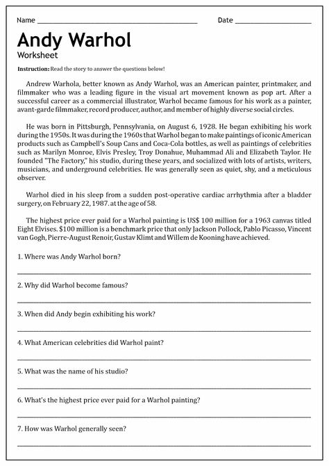 Andy Warhol Worksheet Art Syllabus, Kid Drawings, Classroom 2023, Art Handouts, Art Teacher Resources, Color Theory Art, Types Of Art Styles, Pop Art Colors, 8th Grade Art