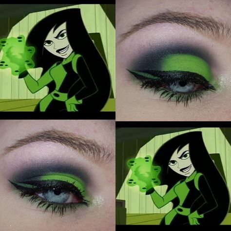 Shego Eye Makeup, Shego Cosplay Makeup, Shego Halloween Makeup, Shego Costume Makeup, Shego Lipstick Look, Shego Hairstyle, Sheego Makeup, Shego Rave Outfit, Shego Halloween Costume Diy