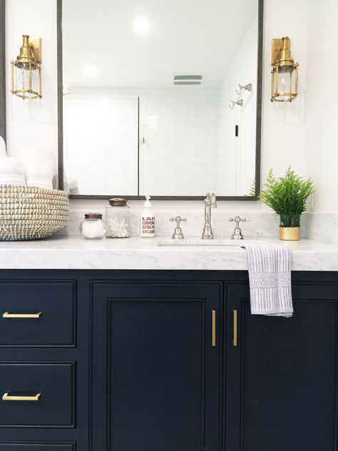 Girls Bathroom Colors, Vanity Gold Hardware, Navy Bathroom Vanity, Navy Vanity, Luxury Bathroom Vanities, Dark Blue Bathrooms, Navy Blue Bathrooms, Navy Bathroom, Blue Bathroom Vanity