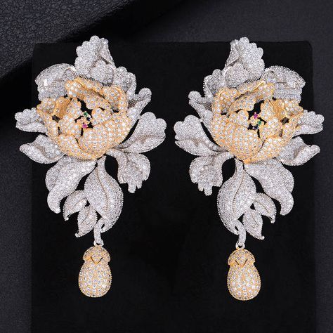 Online Shop GODK 76mm Luxury Peony Flower Blossom Cubic Zirconia Women Statement Long Drop Earring Wedding Party Bridal Fringed Jewelry Gift | Aliexpress Mobile Fringe Jewelry, Earring Wedding, Gold Cocktail, Long Drop Earrings, Wedding Bridal Jewellery, Trendy Earrings, Peony Flower, Drop Earring, Blossom Flower