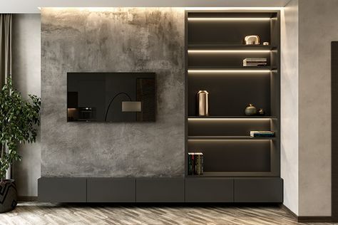 Tv Unit Design Modern Grey, Grey Tv Unit Living Room, Grey Tv Wall, Grey Tv Unit, Modern Tv Room, Modern Tv Unit Designs, Tv Unit Design Modern, Grey Wall Decor, Tv Unit Furniture Design