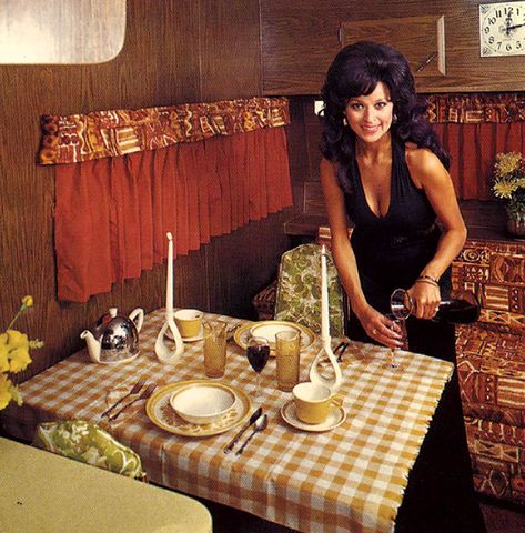 1970s Camper, Vintage Motorhome, Camping Vintage, Gmc Motorhome, Dinette Tables, Vintage Travel Trailers, Luxury Camping, Vintage Trailers, Trailer Park