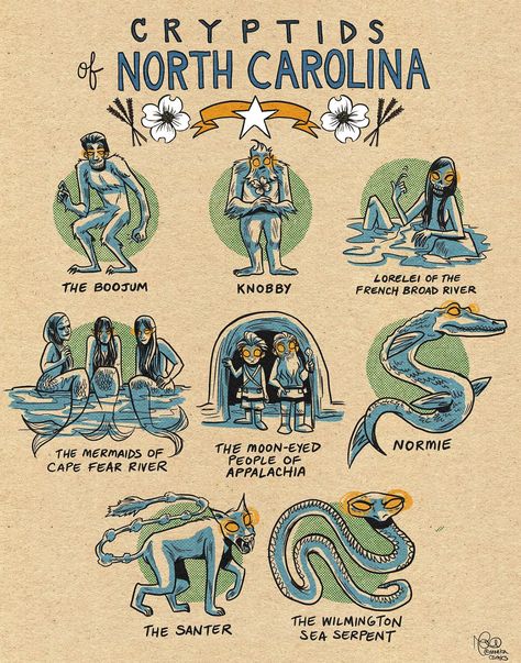 Famous Cryptids of North Carolina Print - Etsy Monster Hunt, Photo Envelope, Myths & Monsters, Mythical Monsters, Cape Fear, Legends And Myths, Creature Feature, Urban Legends, Mythical Creatures Art