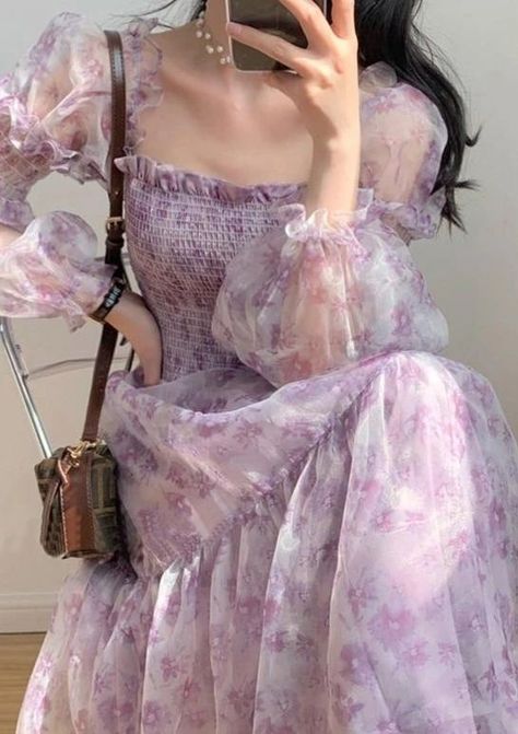 Lavender Dress Aesthetic, Dark Academia Princess, Floral One Piece Dress, Elegant Beach Dress, Academia Green, Cottagecore Dresses, Fairytale Gown, Witch Cottage, Romantic Academia