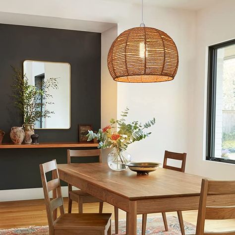 Rattan Light Dining Room, Single Pendant Light Over Dining Table, Woven Light Fixture Dining Room, Wicker Light Fixture Dining Rooms, Woven Pendant Light Dining Rooms, Basket Dining Room Light, Bamboo Pendant Light Kitchen, Hanging Ceiling Lights Living Room, Woven Hanging Light