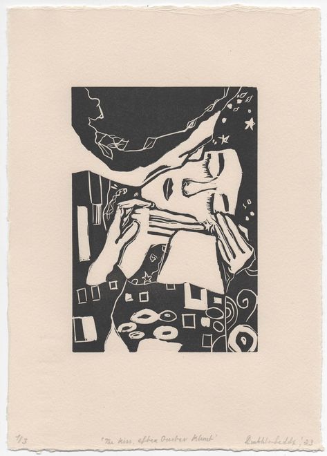 Original 'The Kiss, after Gustav Klimt' Lino Print Wood Carving Tattoo, Linoleum Stamp, Linoleum Printmaking, Linoleum Print, Lino Art, Maximalism, The Kiss, Art And Illustration, Art Ink