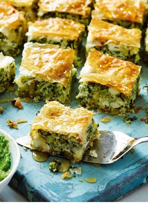 A savoury broccoli, feta and almond baklava served alongside a vibrant pea purée. Broccoli Feta, Drinks From Around The World, Baklava Recipe, Tesco Real Food, British Baking, Picnic Foods, Baklava, Greek Recipes, Lunch Ideas