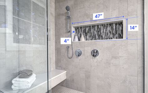 Horizontal shower niche size Horizontal Shower Niche, Shower Niche Dimensions, Shower Niche Size, Horizontal Niche, Bathroom Niche Design, Bathroom Niche Ideas, Niche Shelf, Bathtub Shelf, Toilet And Bathroom Design