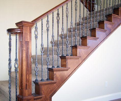 Wood Railing with Wrought Iron Balusters - Traditional - Staircase - Salt Lake City - by Titan Stairs, Utah! | Houzz Stair Railing Ideas Wood, Indoor Stair Railing Ideas, Iron Banister, Wrought Iron Banister, Stair Railing Ideas, Wood Banister, Wrought Iron Spindles, Indoor Stair Railing, Banister Rails