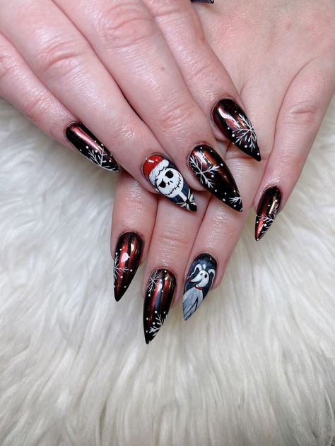 Nightmare Before Christmas Nails For Christmas, Christmas Nails Nightmare Before, Nail Art Nightmare Before Christmas, Edgy Christmas Nails Acrylic, Night Mare Before Christmas Nail Art, Jack Christmas Nails, Christmas Nails Grunge, Nightmare Before Xmas Nails, Jack Skellington Nails Christmas