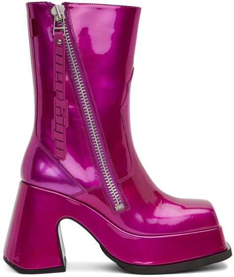 Ankle-high patent leather boots in pink. · Square toe · Zip closure with rubberized logo flag at outer side · Buffed calfskin lining · Covered block heel and platform midsole · Crêpe rubber outsole · Platform: H1.75 in · Heel: H4 in Supplier color: Magenta Magenta Outfits, Magenta Shoes, Pink Platform Boots, Sky Dancers, Shoes Png, Cherry Jam, Pink Square, Bespoke Shoes, Patent Leather Boots