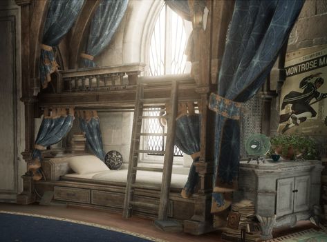 Raven Law Common Room, Ravenclaw Dorm Aesthetic, Ravenclaw Common Room Bedrooms, Fantasy Dorm Room, Ravenclaw Bedroom Aesthetic, Ravenclaw Bedroom, Ravenclaw Room, Hogwarts Dorm, Ravenclaw Tower