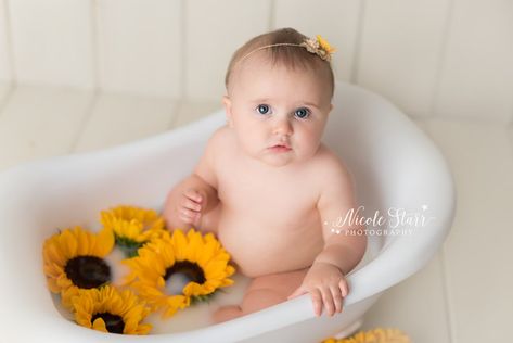 Sunflower Milk Bath, Spring Baby Pictures, Sunflower Milk, 9 Month Milestones, Bath Photoshoot, Sitter Sessions, 1st Birthday Photoshoot, Baby Planning, Halloween Photoshoot