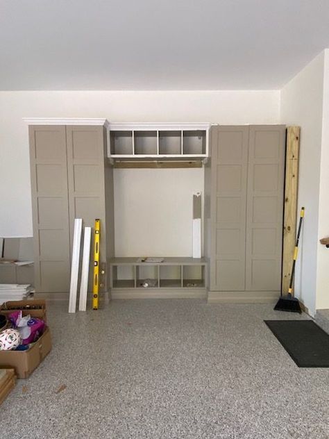 Garage Mudroom IKEA Hack Mudroom In Garage Diy, Ikea Garage Cabinet Hack, Garage Cubbies For Kids, Ikea Mudroom Lockers, Ikea Mudroom Cabinets, Ikea Pax Mudroom, Garage Mudroom Ideas Diy, Garage Landing Mudroom, Garage Storage Ideas Cabinets