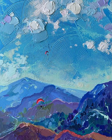 Ideas For Round Canvas, Abstract Clouds Paintings, Abstract Mountain Painting, Anastasia Trusova, Expressive Landscape, Oil Painting Techniques, Impressionism Painting, Mom Art, Art Texture