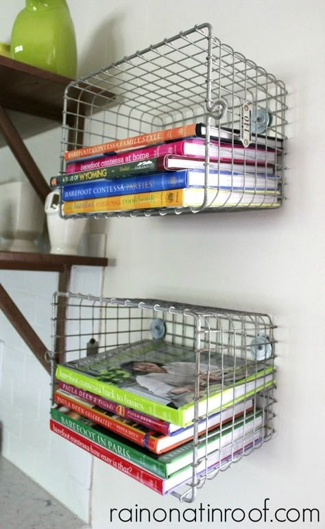 Metal locker baskets are a great way to store kitchen cookbooks (@ Rain on a Tin Roof) Cookbook Shelf, Ranch Kitchen, Clever Kitchen Storage, Smart Tiles, Kitchen Organization Diy, Rustic Modern Kitchen, Kitchen Hacks Organization, Metal Baskets, Book Storage