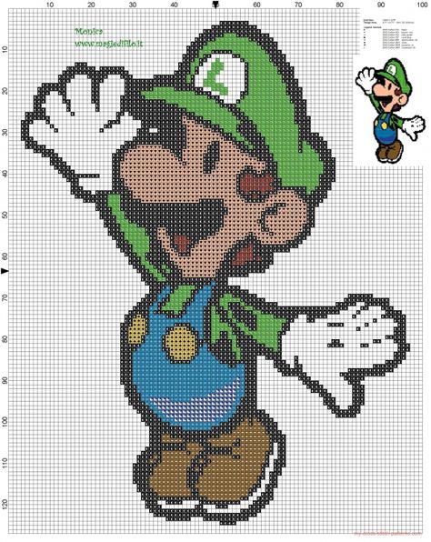 Luigi cross stitch pattern - free cross stitch patterns Luigi Cross Stitch Pattern, Luigi Cross Stitch, Geeky Cross Stitch, Free Cross Stitch Patterns, Nerd Crafts, Patterns Simple, Stitch Character, Princesa Peach, Mario Luigi