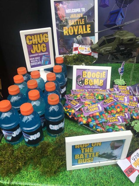 Jaelin’s Battle Royale | CatchMyParty.com Battle Royale Birthday Party, Fortnite Birthday Party Favors, Fortnight Birthday, Fortnight Party, Fortnite Birthday Party Ideas, Fortnite Birthday Party, Fort Nite, Fortnite Party, Fortnite Birthday