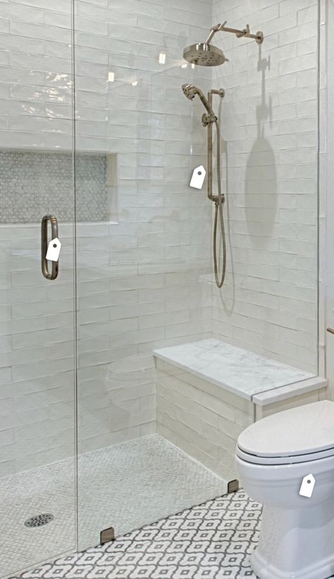 Shower Remodel Ideas 2023, White Tile Walls Bathroom, Showers With Half Glass Walls, Walk In Showers For Small Bathrooms, Small Shower With Bench, Walk In Shower Ideas With Bench, Shower Bench Ideas, Shower With Seat, Walk In Shower With Bench