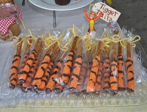 Tigger Tails for a Winnie the Pooh in the Hundred Acre Woods Birthday Party Ideas | Photo 20 of 29 | Catch My Party Pretzels Treats, Jungle Backdrop, Jungle Book Party, Baby Shower Desserts Boy, Baby Shower Snacks, Baby Shower Games Unique, Tiger Tails, Lion King Baby Shower, Tiger Birthday