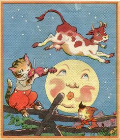 Printables- Vintage 1930's Nursery Rhyme Scene Illustration Print to Frame, Hey Diddle Diddle the cat and the fiddle, the cow jumped over the moon! Description from pinterest.com. I searched for this on bing.com/images Hey Diddle Diddle, Fairytale Nursery, Memory Care, Vintage Nursery, Nursery Rhyme, Childrens Stories, Vintage Children's Books, Vintage Printables, Cats And Dogs