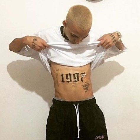 Chest And Belly Tattoo Men, Birth Year Chest Tattoo, Birth Year Tattoo Stomach, Birth Year Tattoo Men, Mens Stomach Tattoo, Birth Year Tattoo, Birthdate Tattoo, Year Tattoo, Ab Tattoo