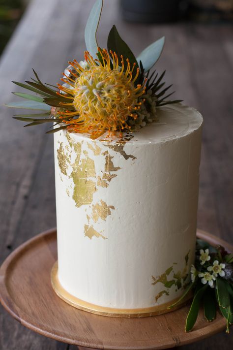 [Homemade] Lemon sponge tower cake with blackberry compote, gold foil and Australian native flowers. Homemade Wedding Cake, Blackberry Compote, Tower Cake, Lemon Sponge, Fresh Flower Cake, Australian Native Flowers, Romantic Wedding Cake, Native Flowers